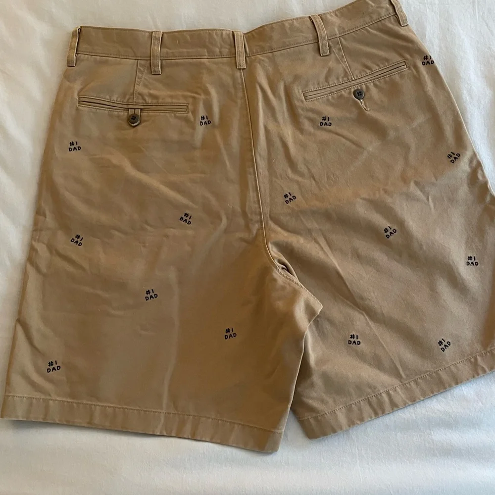 J. Crew Men's 8” Classic Tan Chino Shorts with #1 Dad Embroidery, 34W, NWOT